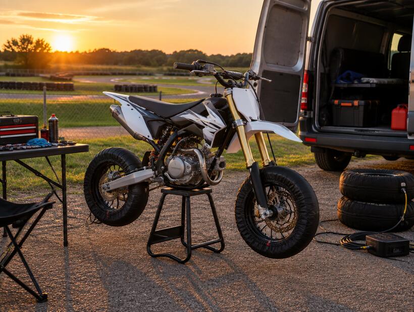 Pit bike privata sul cavalletto nel paddock