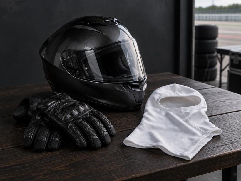 Casco, guanti e sottocasco su un tavolo